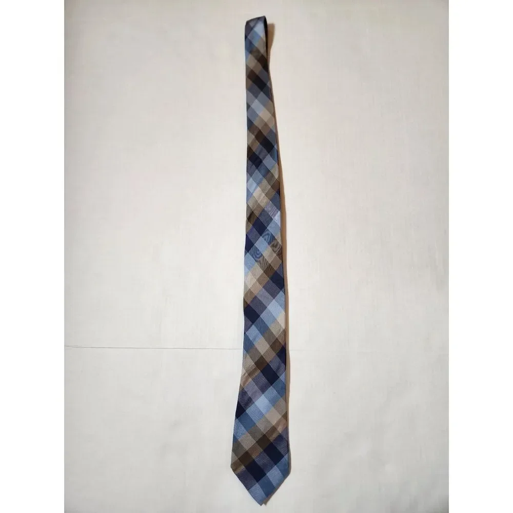 Van Heusen 100% Silk Tie Blue Gray Plaid Classic Necktie Men’s Formal Wear